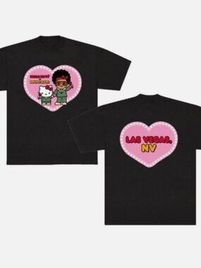Bruno Mars x Hello Kitty Las Vegas NV Shirt - Front & Back Graphic Black Tee